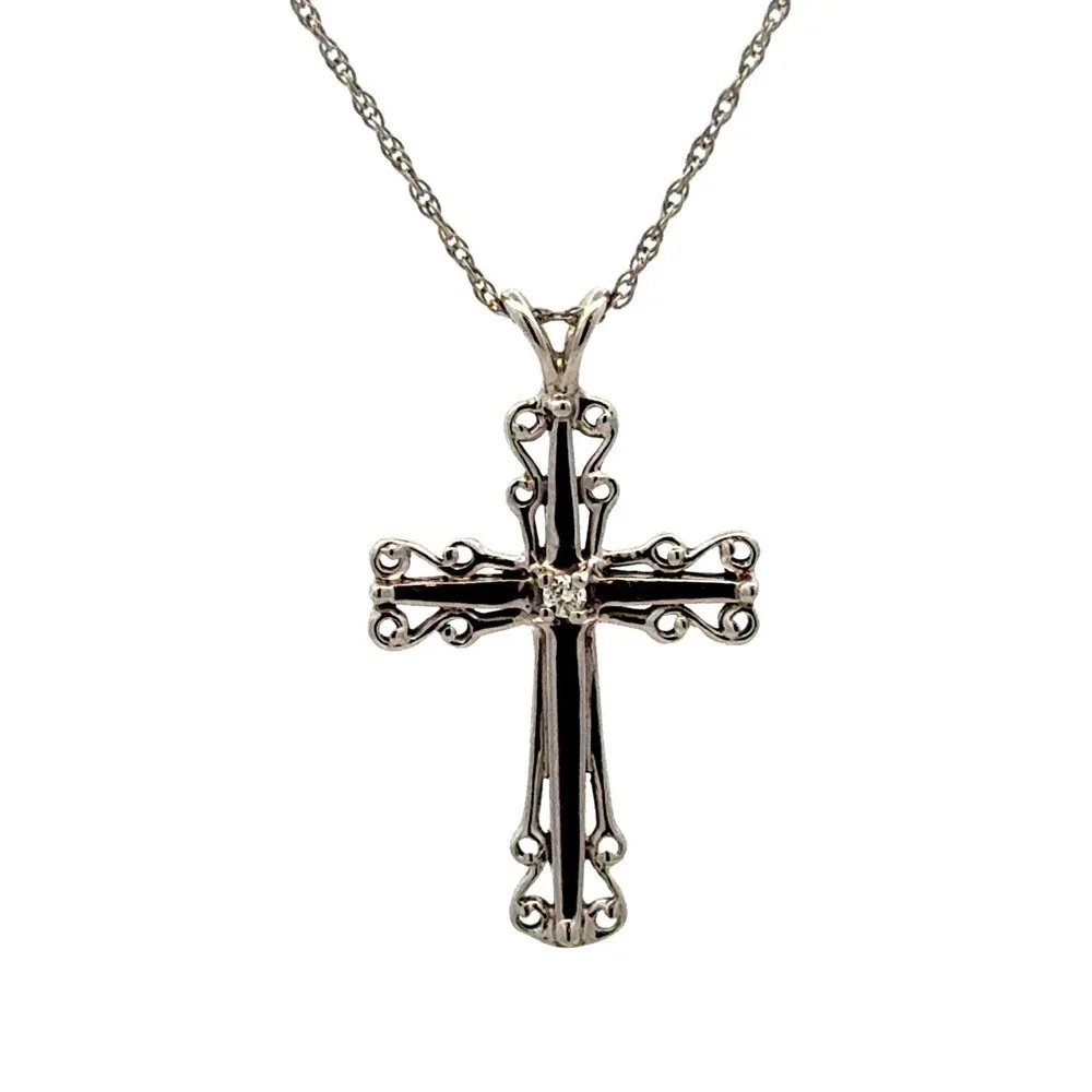 Beautiful 14K White Gold Diamond Solitaire Holy Cross Scroll Pendant Necklace - Picture 2 of 11